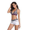 gauche 3/4 - Ensemble tankini patchwork blanc – shorty floral & haut licou élégance plage - Couleurs Lagon