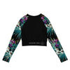 dos a plat - Crop Top Lycra Femme Manche Longue Recyclé SPF50 Noir Floral Libellule - Couleurs Lagon