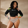 avant grande taille - Crop Top Lycra Femme Manche Longue Recyclé SPF50 Noir Floral Hibiscus - Couleurs Lagon