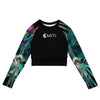 avant à plat - Crop Top Lycra Femme Manche Longue Recyclé SPF50 Noir Floral Libellule 2 - Couleurs Lagon