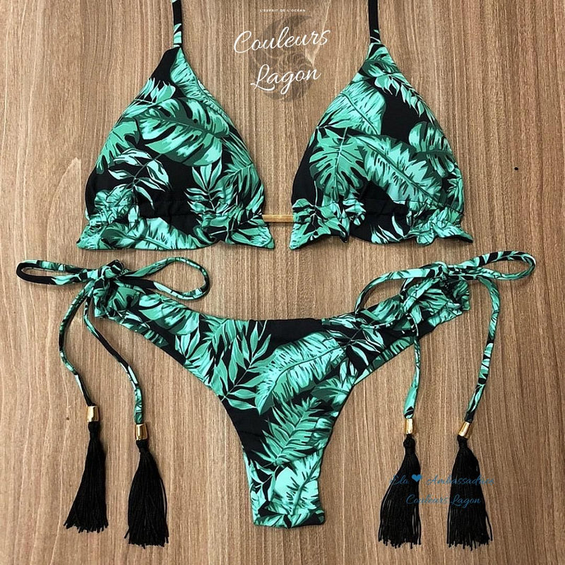 floral vert - Sexy Bikini Triangle Push-Up Tangua Floral BRASIL - Couleurs Lagon