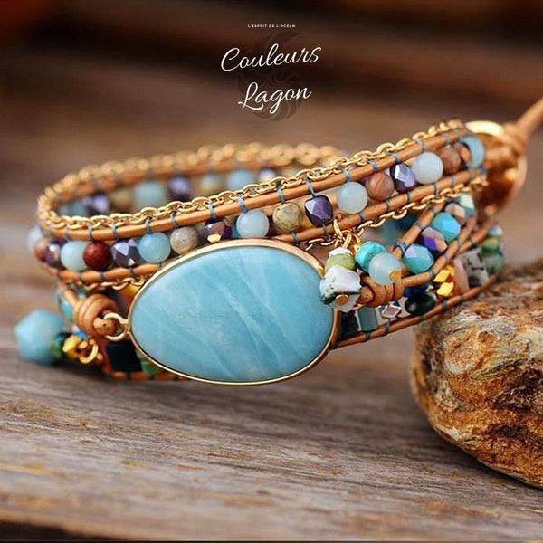 Bracelet 2 Rangs Cuir Tressé Et Pierres Volcaniques - Noir, Neuf Avec étiquettes