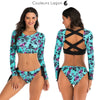 Ensemble Bikini UV Rashguard Manche Longue FLOWERS - Couleurs Lagon - avant et dos