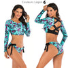 Ensemble Bikini UV Rashguard Manche Longue FLOWERS - Couleurs Lagon - avant et dos 3/4