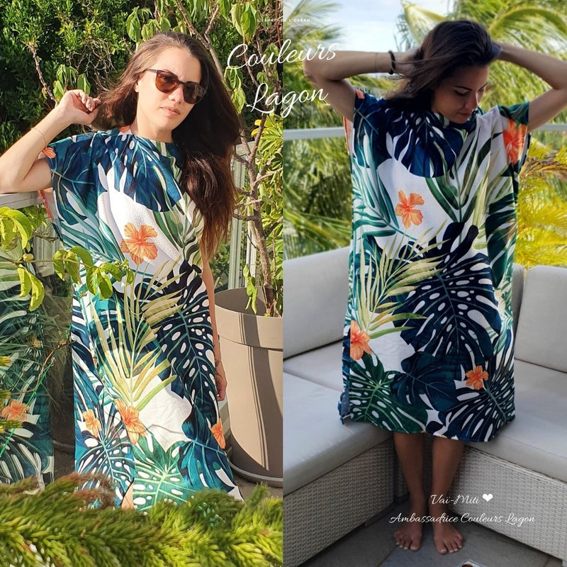 Poncho Peignoir microfibres grande taille TROPICAL - Couleurs Lagon - plans avant