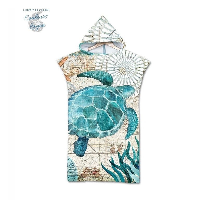 Poncho Peignoir microfibres grande taille TROPICAL - Couleurs Lagon - tortue