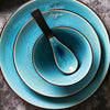 Vaisselle en porcelaine céramique Glaçage Craquelé BLEU LAGON - Couleurs Lagon - gros plan assiettes plates