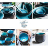 Vaisselle en porcelaine céramique Glaçage Craquelé BLEU LAGON - Couleurs Lagon - présentation 2 X 3 vues bols tasse a thé cuillères à soupe