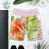 Yoga Shorts Taille Haute FLORAL - 1 poche ceinture rose - Couleurs Lagon