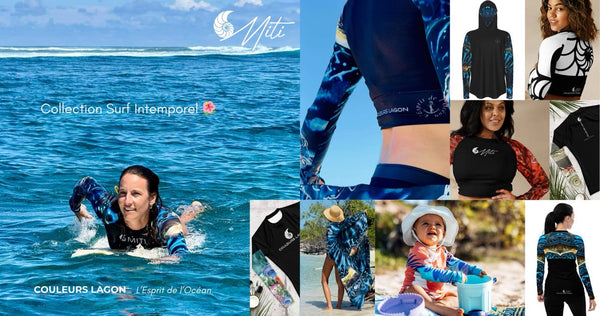 Combinaison surf pour femme UPF50+ Couleurs Lagon — Collection MITI surf et rashguards Nouvelle-Calédonie