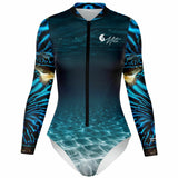 Combinaison surf femme MITI Bénitier Bleu II UPF50+ vue avant 3D — Couleurs Lagon