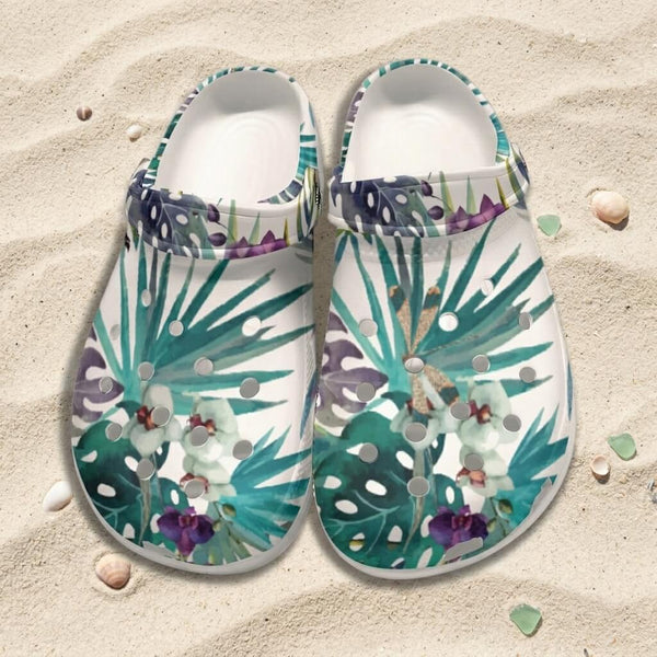Sabots Crocs Homme Blanc Floral Libellule | Chaussures Plage EVA Légères | Couleurs Lagon — vue de dessus