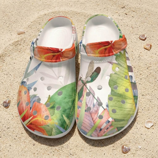 Sabots Crocs Homme Blanc Floral Hibiscus 2 | Chaussures Plage EVA Légères | Couleurs Lagon — vue de dessus