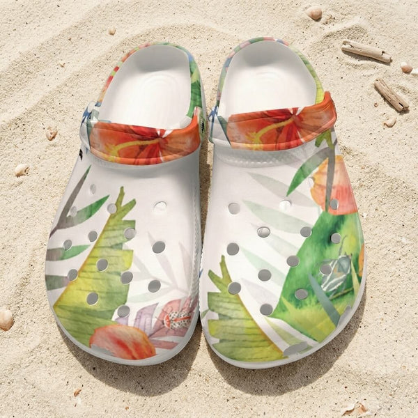 Sabots Crocs Homme Blanc Floral Hibiscus | Chaussures Plage EVA Légères | Couleurs Lagon — vue de dessus