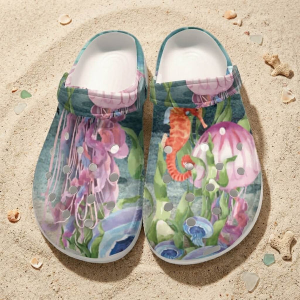 Sabots Crocs Homme Algues et Méduses 2 | Chaussures Plage EVA Légères | Couleurs Lagon — vue de dessus