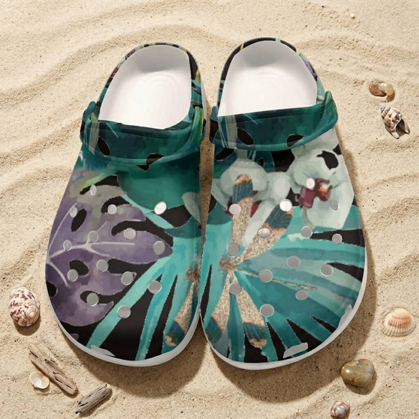 Sabots Crocs Homme Noir Floral Libellule 2 | Chaussures Plage EVA Légères | Couleurs Lagon — vue de dessus