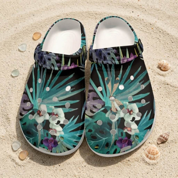 Sabots Crocs Homme Noir Floral Libellule | Chaussures Plage EVA Légères | Couleurs Lagon — vue de dessus