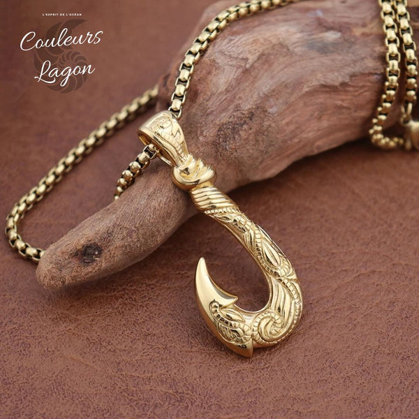 doré sur bois - Pendentif Vintage Acier Inoxydable au Titane Hameçon Viking Ocean - Couleurs Lagon