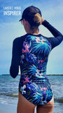 Miti dos - Combi Surf Manches Longues Push-Up Zip Avant Floral BLACK COULEURS LAGON