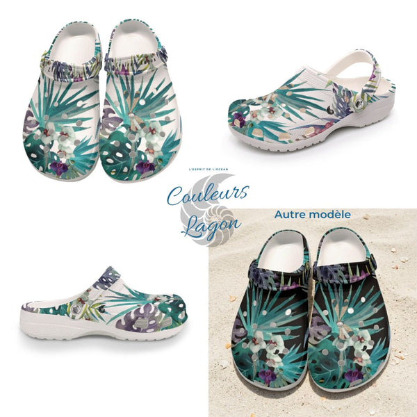 Sabots Crocs Homme Blanc Floral Libellule | Chaussures Plage EVA Légères | Couleurs Lagon — vue d'ensemble