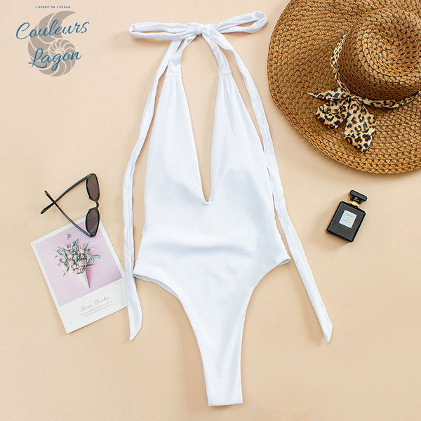Couleurs Lagon - Sexy Monokini à Lacets Col V Taille Haute Tangua FLAMINGO - blanc avant