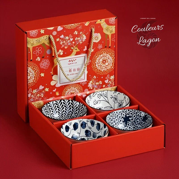 Couleurs Lagon - Service et Bols en Porcelaine Céramique Japonaise Bleu Floral Antique - 4 bols boite noel rouge