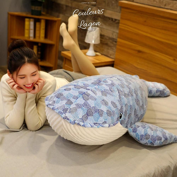 Couleurs Lagon - Jouet Peluche Oreiller Baleine Bleu 3D 50-110cm - grande taille
