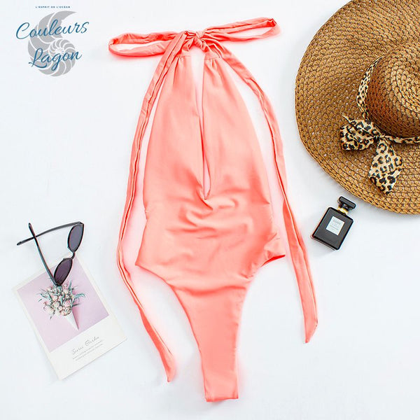 Couleurs Lagon - Sexy Monokini à Lacets Col V Taille Haute Tangua FLAMINGO - rose avant