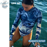 avant UPF - Combi Surf Manche Longue Push-Up Dos Nu Licou Zip Palmier BLEU TAHITI - Couleurs Lagon