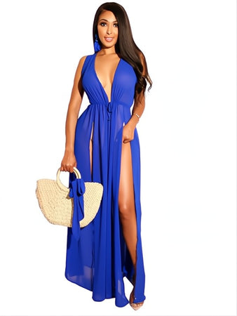 bleu - Robe Tunique de plage longue avec cordon de serrage fendu - Couleurs Lagon