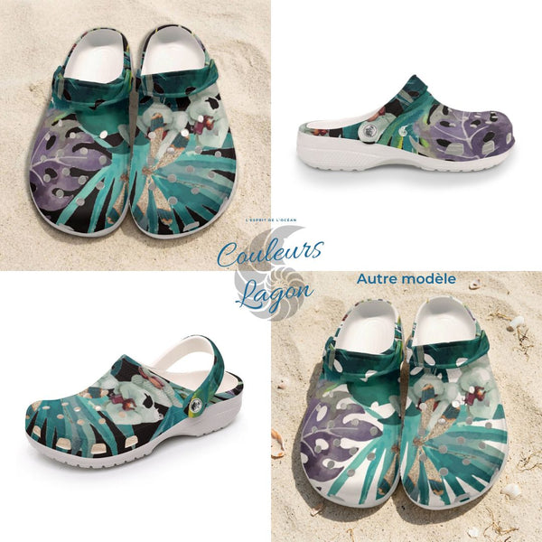 Sabots Crocs Homme Noir Floral Libellule 2 | Chaussures Plage EVA Légères | Couleurs Lagon — chaussure gauche