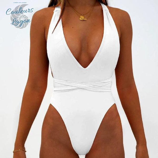 Couleurs Lagon - Sexy Monokini à Lacets Col V Taille Haute Tangua FLAMINGO - blanc