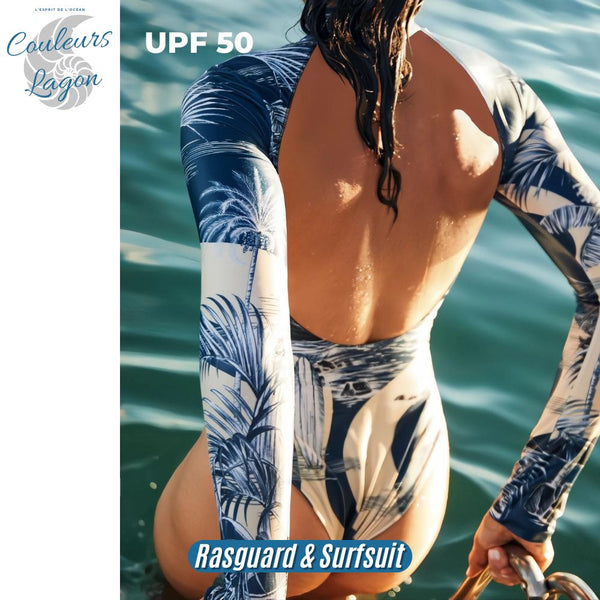dos nu 2 UPF - Combi Surf Manche Longue Push-Up Dos Nu Licou Zip Palmier BLEU TAHITI - Couleurs Lagon