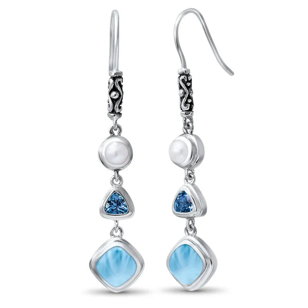 Boucles d'oreilles pendantes larimar et perle en argent 925 sur fond blanc