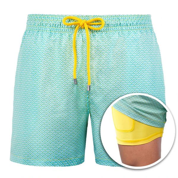 Short surf homme imprimé tropical MANA — Détail ceinture élastique cordon Couleurs Lagon