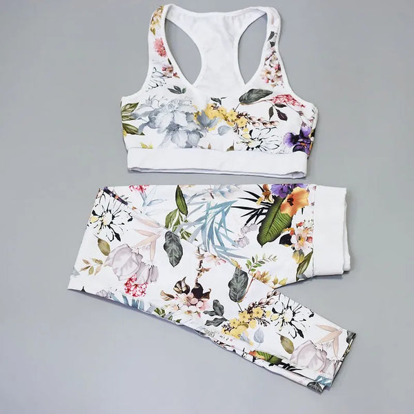 Ensemble legging sport femme yoga floral blanc vue de face a plat — Couleurs Lagon