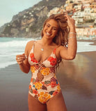 avant gros plan - Monokini Push-Up V Plongeant Dos Nu Criss-Cross Floral Orange - Couleurs Lagon