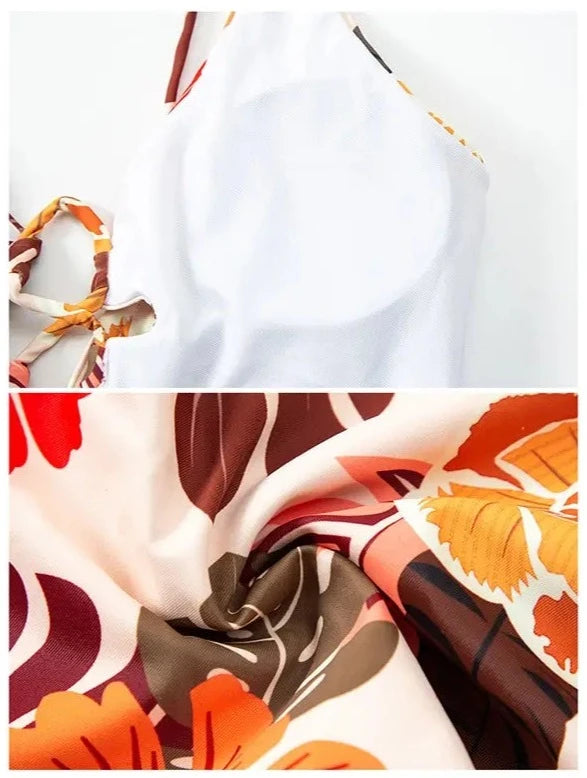 bonnet amovible et tissu - Monokini Push-Up V Plongeant Dos Nu Criss-Cross Floral Orange - Couleurs Lagon