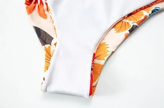 entièrement doublé culotte avant - Monokini Push-Up V Plongeant Dos Nu Criss-Cross Floral Orange - Couleurs Lagon