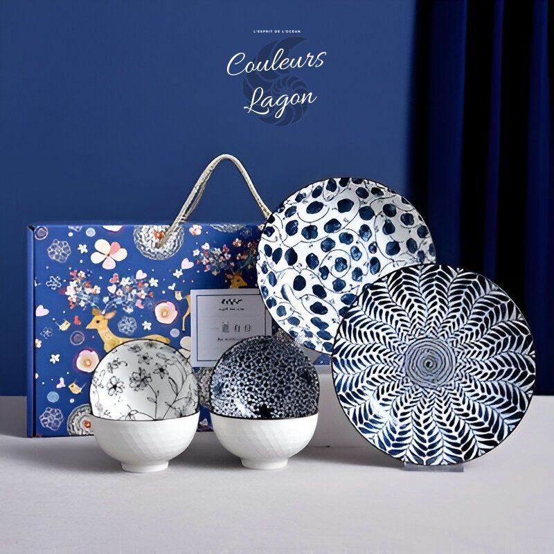 Couleurs Lagon - Service et Bols en Porcelaine Céramique Japonaise Bleu Floral Antique - service 6 pcs boite noel bleu