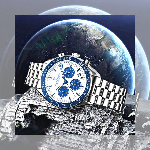 Montre tachymètre homme SPEEDMASTER MoonWatch V4 hommage Omega bracelet acier - Couleurs Lagon