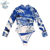 avant à plat - Combi Surf Manche Longue Push-Up Dos Nu Licou Zip Palmier BLEU TAHITI - Couleurs Lagon