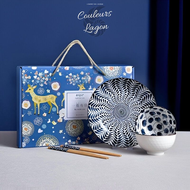 Couleurs Lagon - Service et Bols en Porcelaine Céramique Japonaise Bleu Floral Antique - service 5 pcs boite noel bleu