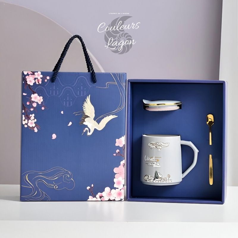Couleurs Lagon - Service et Bols en Porcelaine Céramique Japonaise Bleu Floral Antique - set tasse blanche boite noel bleu