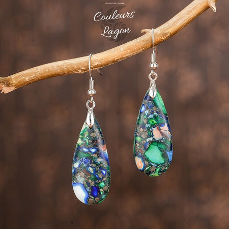 Couleurs Lagon - Boucle d'oreille en argent et pierre de sédiment marin Vert Océan