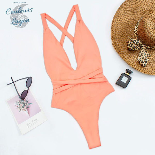 Couleurs Lagon - Sexy Monokini à Lacets Col V Taille Haute Tangua FLAMINGO - rose devant