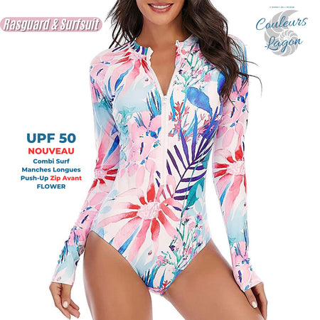 nouveau avant - Monokini Push-Up Rashguard Manche Longue FLOWER - Couleurs Lagon