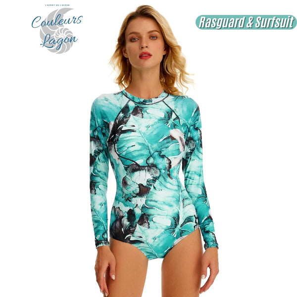 Combi Surf Manches Longues Push-Up Floral Vert Turquoise MONSTERA - Couleurs Lagon #1er#