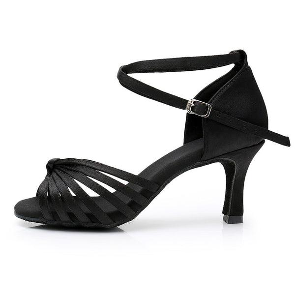 noir 7cm - Chaussure Danse Latine Femme Satin Noeud Talon 5-7cm Pro - Couleurs Lagon