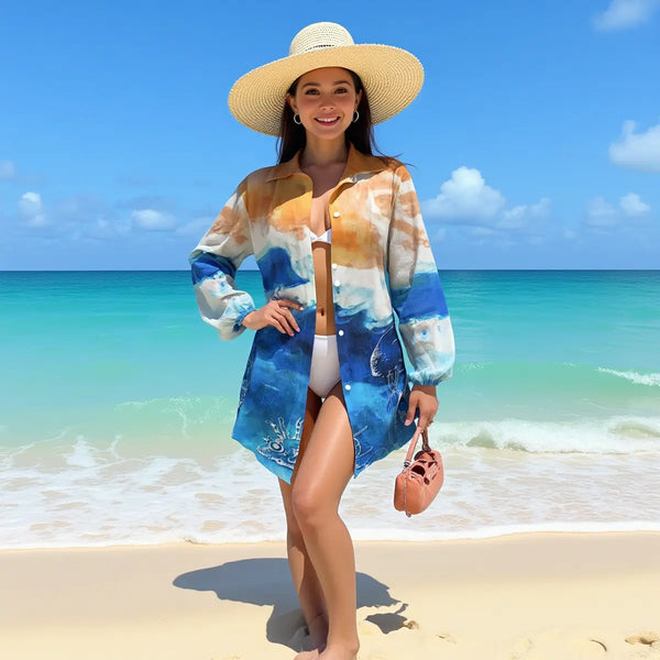 presentation plage sac a main - Chemise Kimono Femme ML Oceanic Gala Bleu Blanc | Édition NIKF